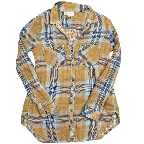 Anthro Cloth & Stone Button Up Collared Shirt Plaid Flannel Style Brown Blue XS - Picture 2 of 8